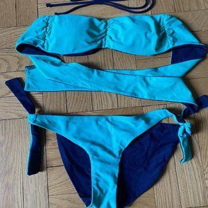 Victoria Secret Teal/Turquoise and Navy reversible bandeau bikini bathing suit